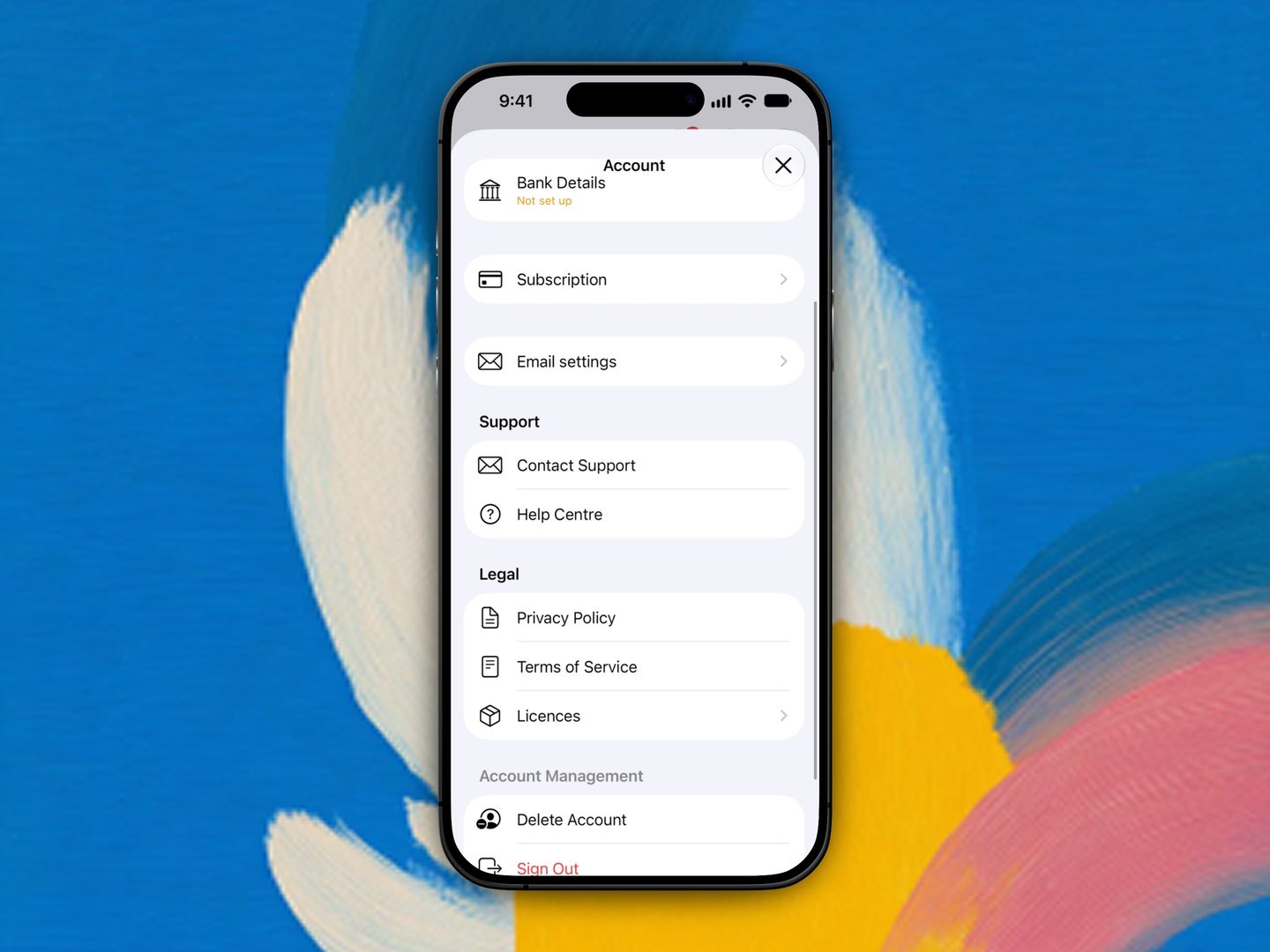 The Account sheet showing Bank Details, Subscription, Email settings, Support, and Legal