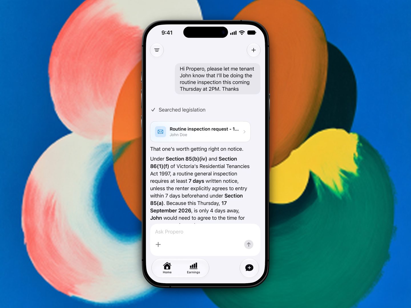Propero Chat asked to tell a tenant about an inspection, returning the drafted email as a card alongside the legislation it checked