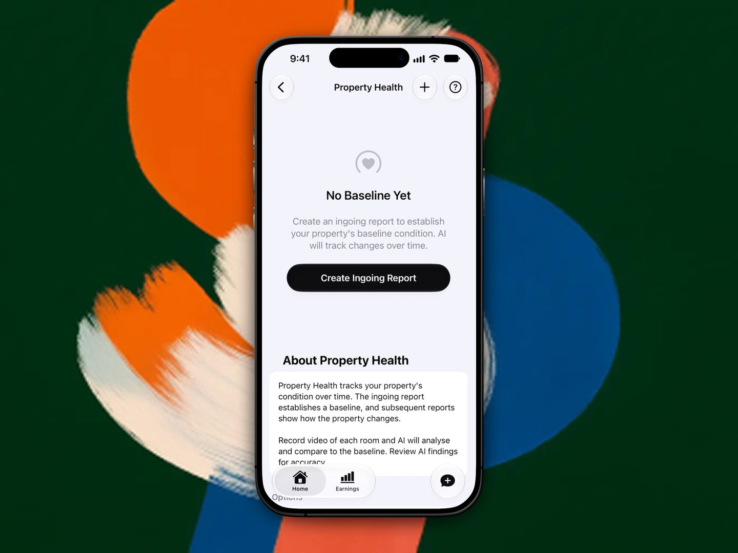 The No Baseline Yet empty state on Property Health, with the Create Ingoing Report button