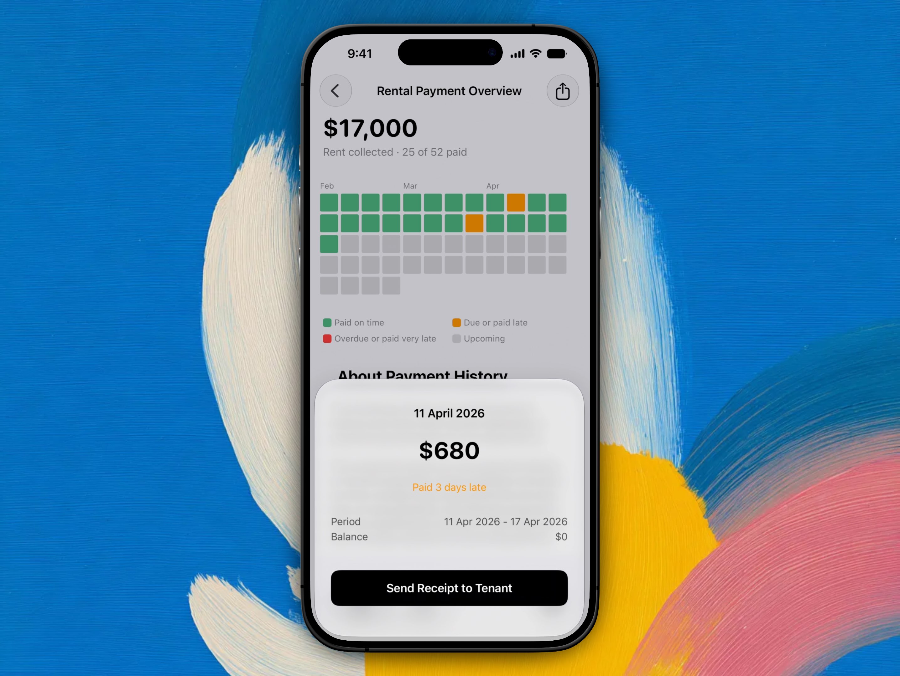 Rental Payment Overview showing total rent collected, the payment heatmap, and a payment's detail sheet with Send Receipt to Tenant